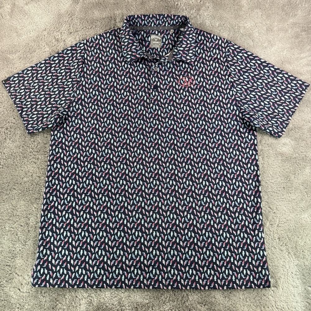 Callaway Swing Tech Golf Polo Mens Large Navy Toucan Bird Print Opti Dri Stretch